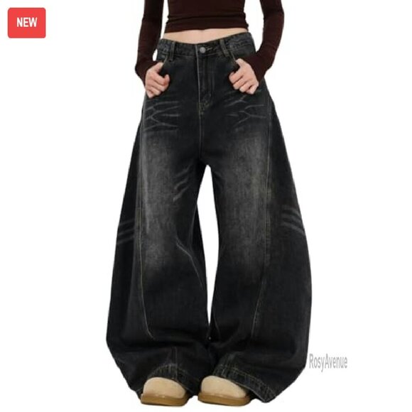 Wide Leg Barrel Jeans High Waist Baggy Denim Pants Streetwear - Picture 2 of 8
